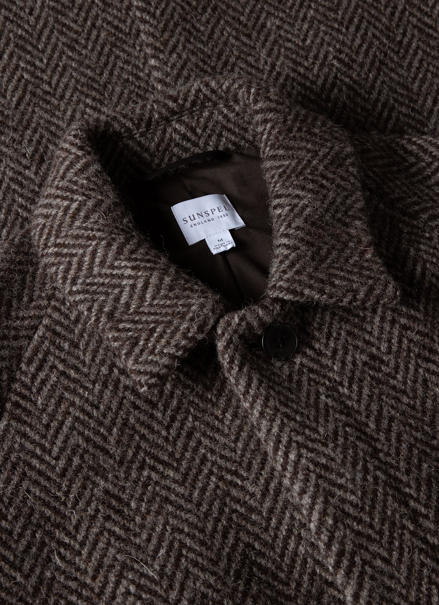 Men's British Wool Car Coat in Brown Herringbone 100% British Wool Fully Lined Regular Fit Mid Length Button Fastening