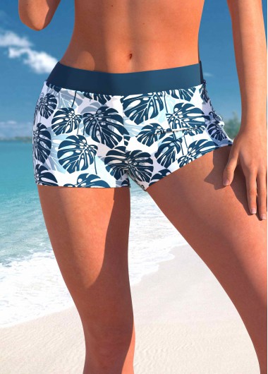 Modlily Mid Waisted Tropical Plants Print Peacock Blue Swim Short