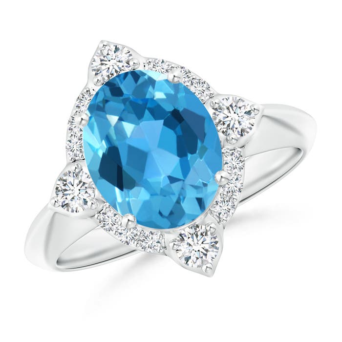 Angara 3.25 Carats Oval Swiss Blue Topaz Compass Ring with Diamond Halo in Platinum