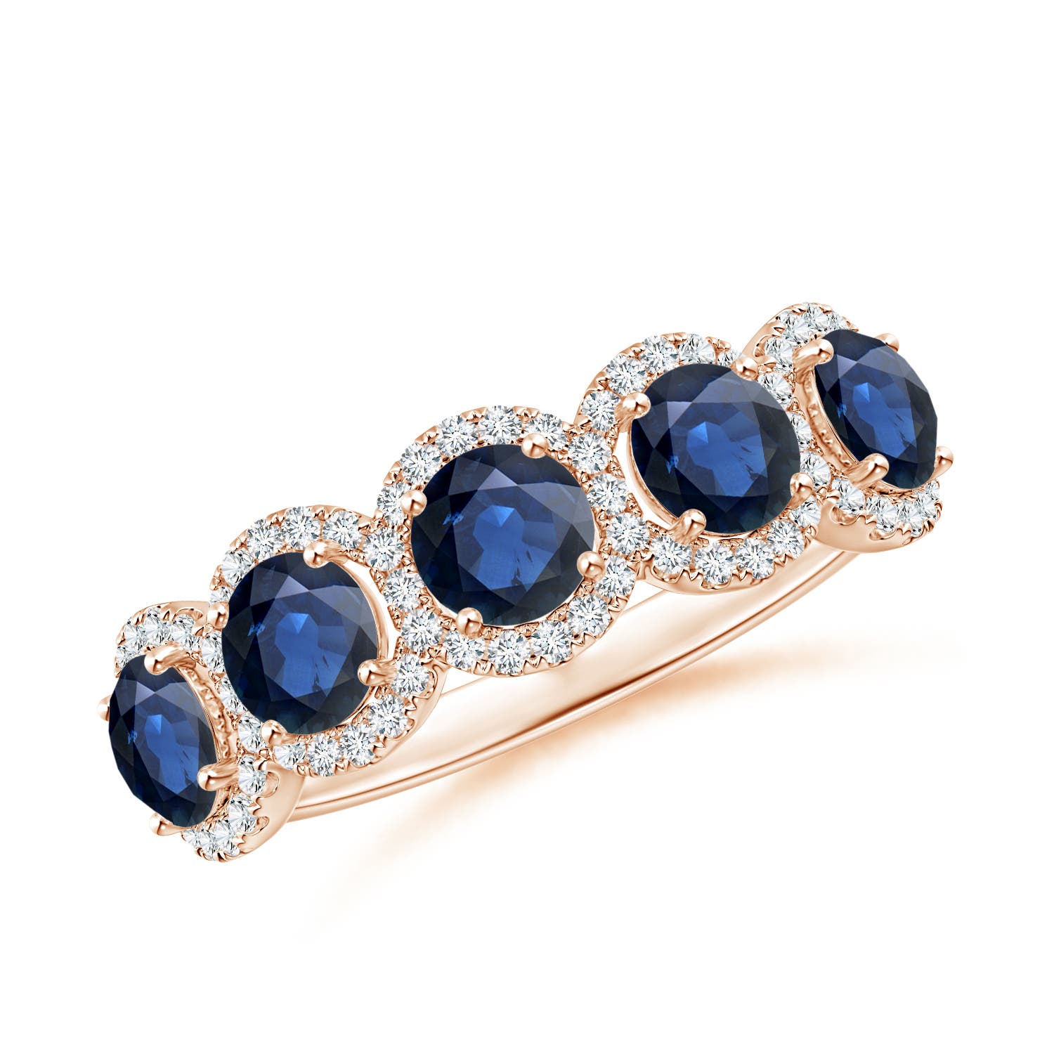 Angara 1.65 Carats Half Eternity Five-Stone Sapphire Halo Ring in 18K Rose Gold