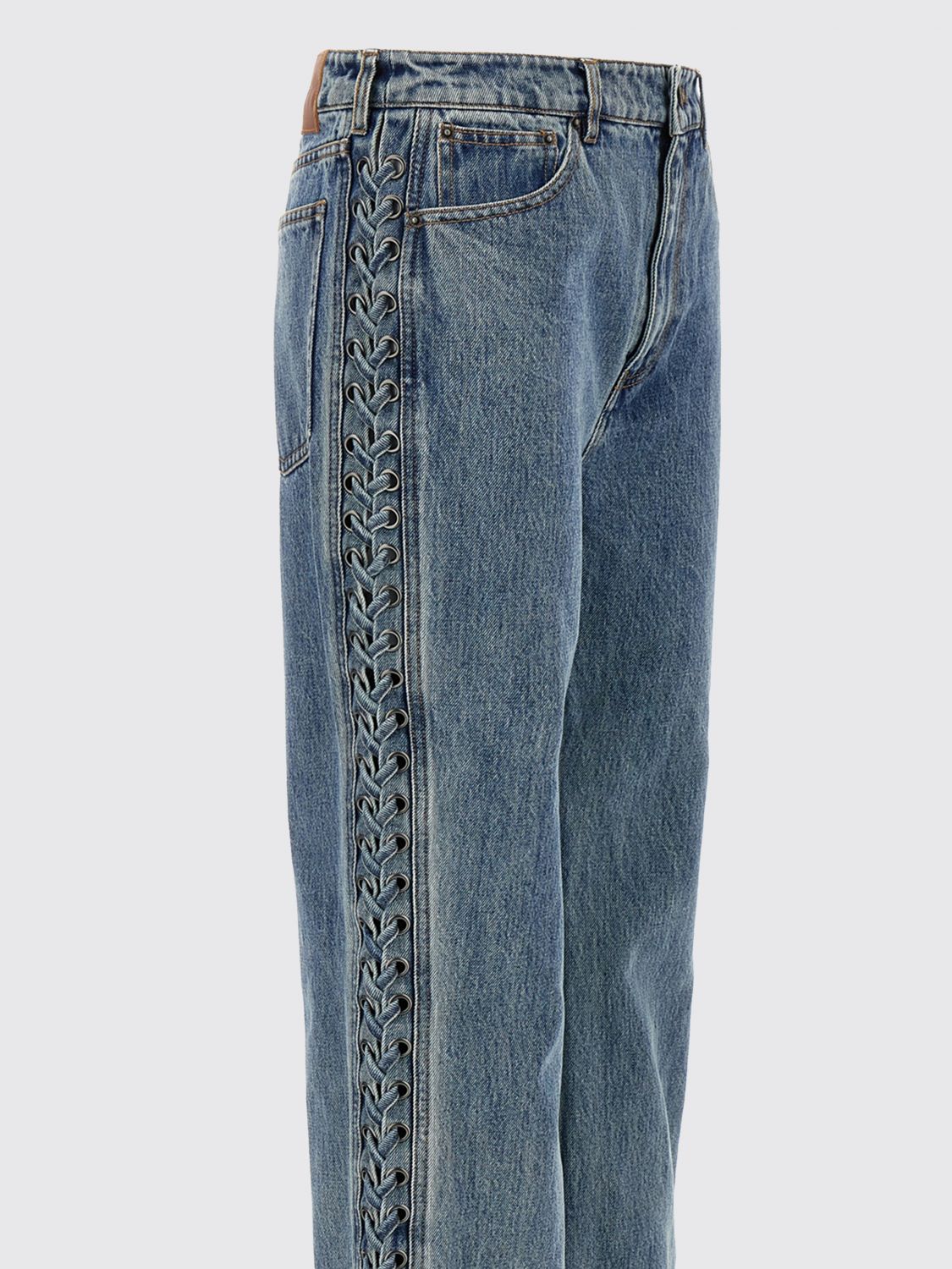 High-Waisted Straight Jeans in Denim with Woven Straps