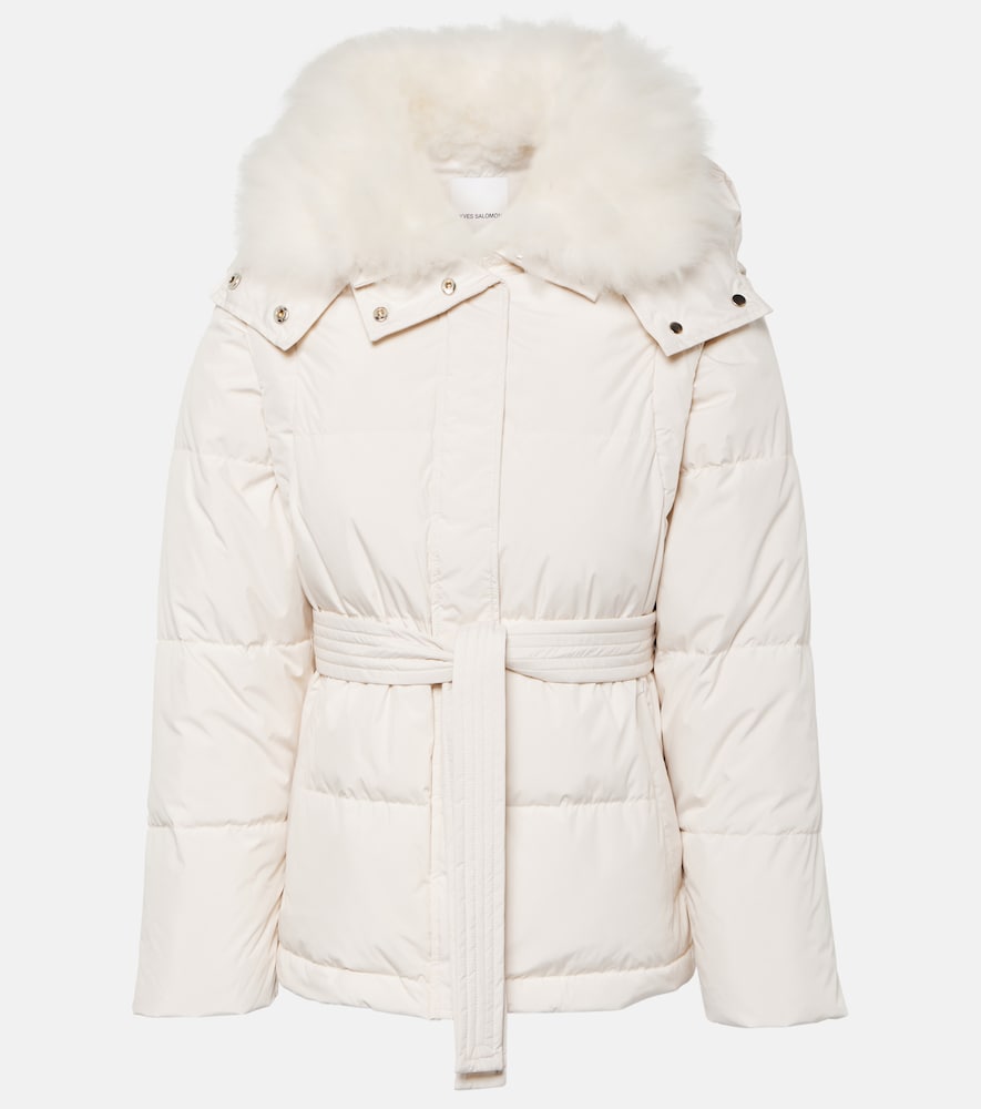 Belted shearling-trimmed down jacket