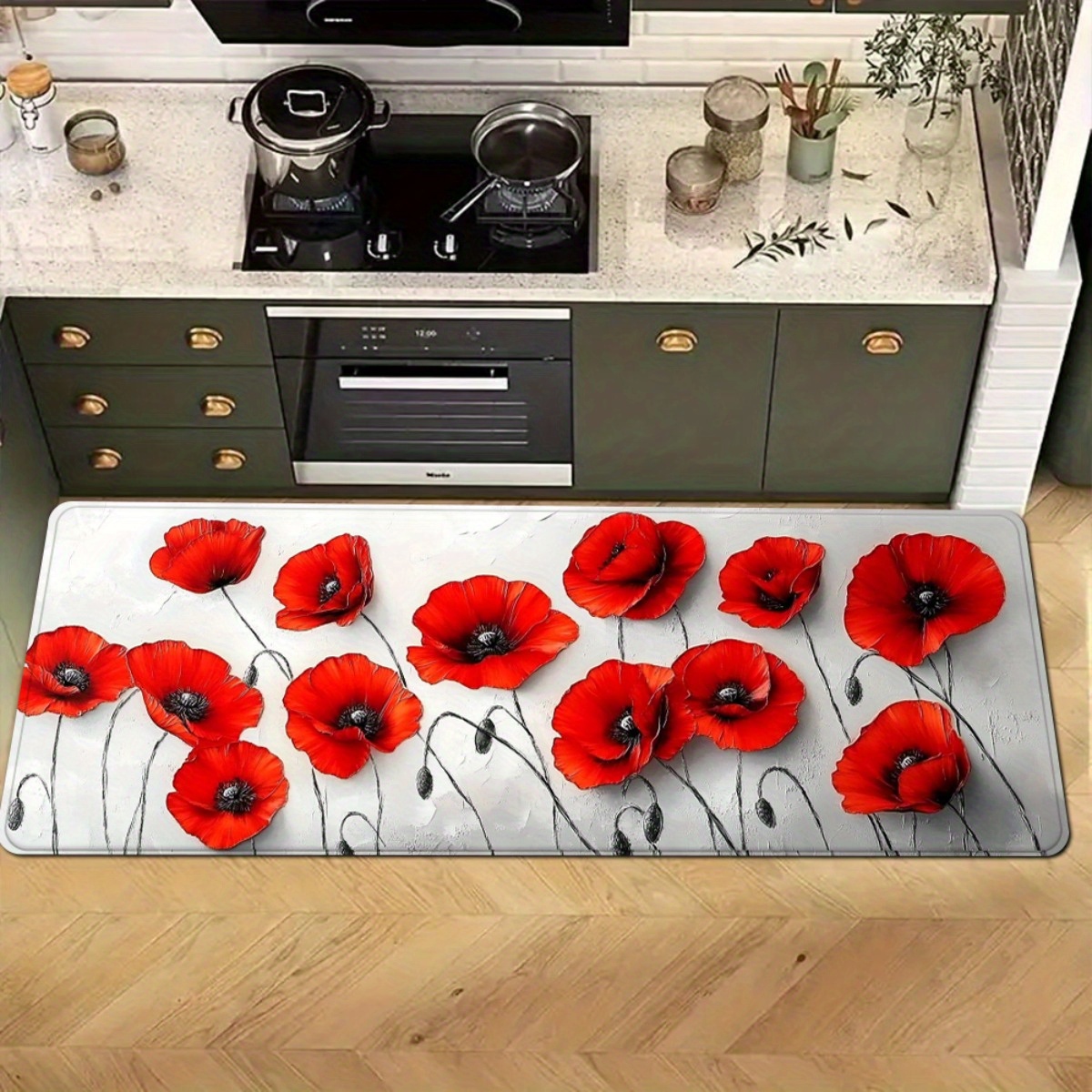 TEMU Elegant Red Poppy Flower Kitchen Mat - Non-slip Absorbent Polyester Mat With Vibrant Red Poppies, Machine Washable, Rectangular Design For