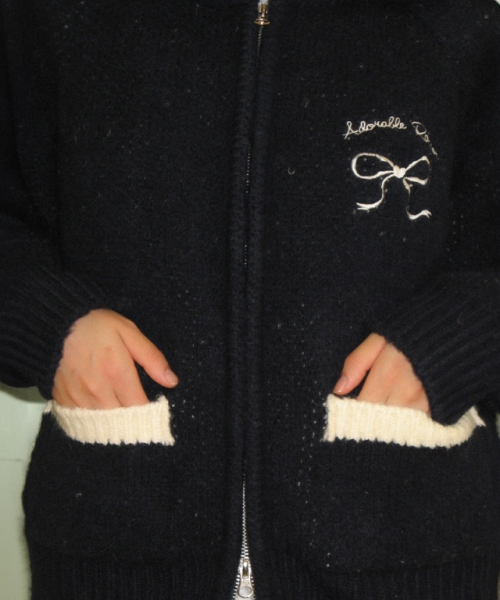 BACK HEART RIBBON COWICHAN KNIT ZIP UP DARK NAVY