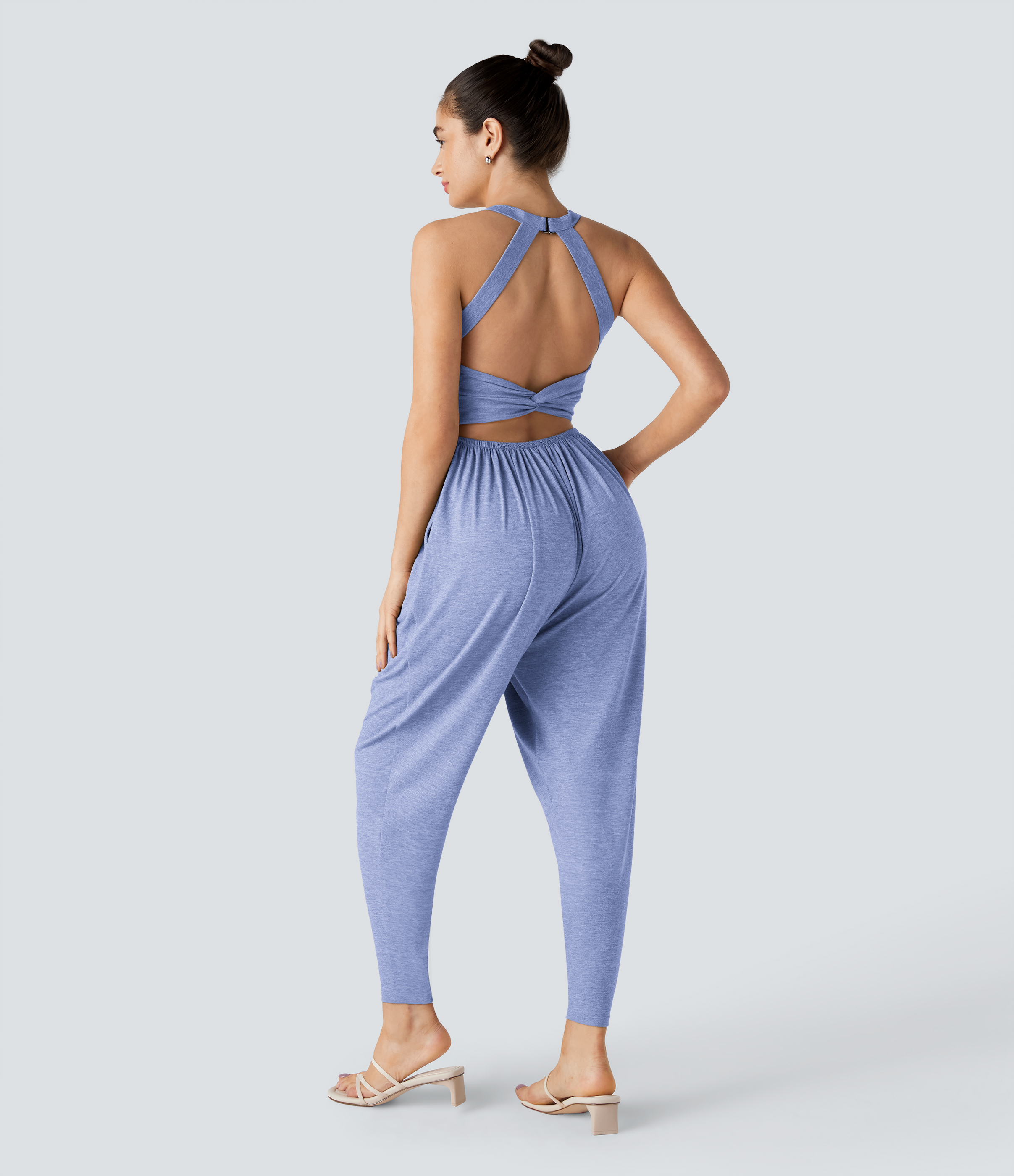 U Neck Pocket Harem Casual Jumpsuit-Easy Peezy Edition  - Light Blue Floral Yarn