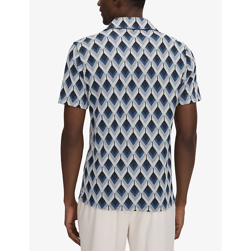 Mens Navy Multi Beech Diamond-jacquard Slim-fit Stretch-cotton Shirt S