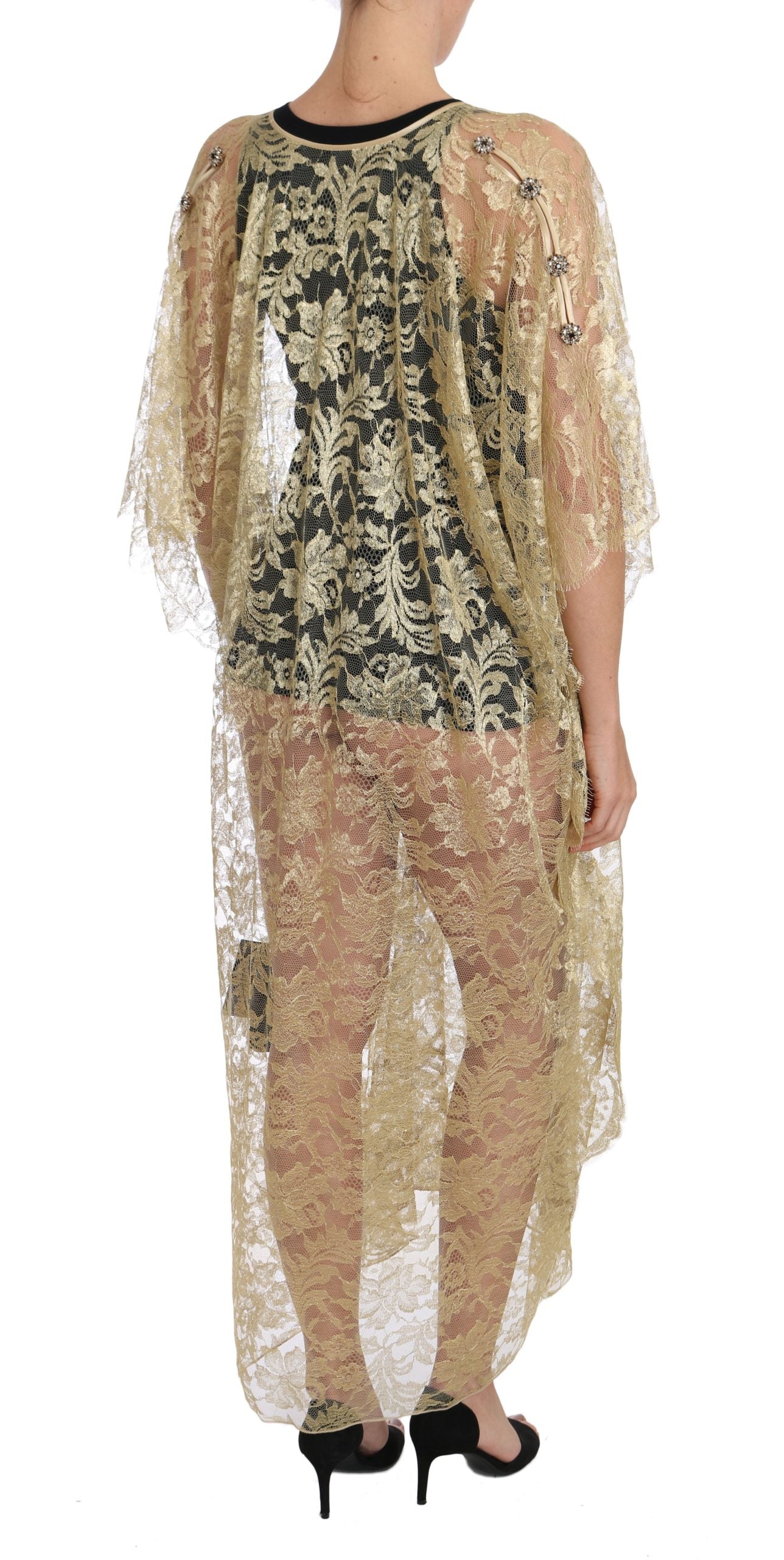 Floral Lace Crystal Cape Dress — Gold