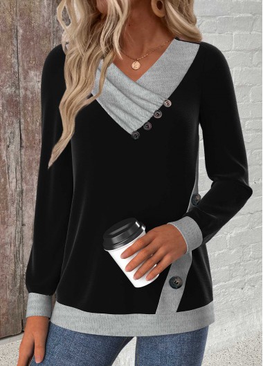 Modlily Black Button Long Sleeve V Neck Sweatshirt