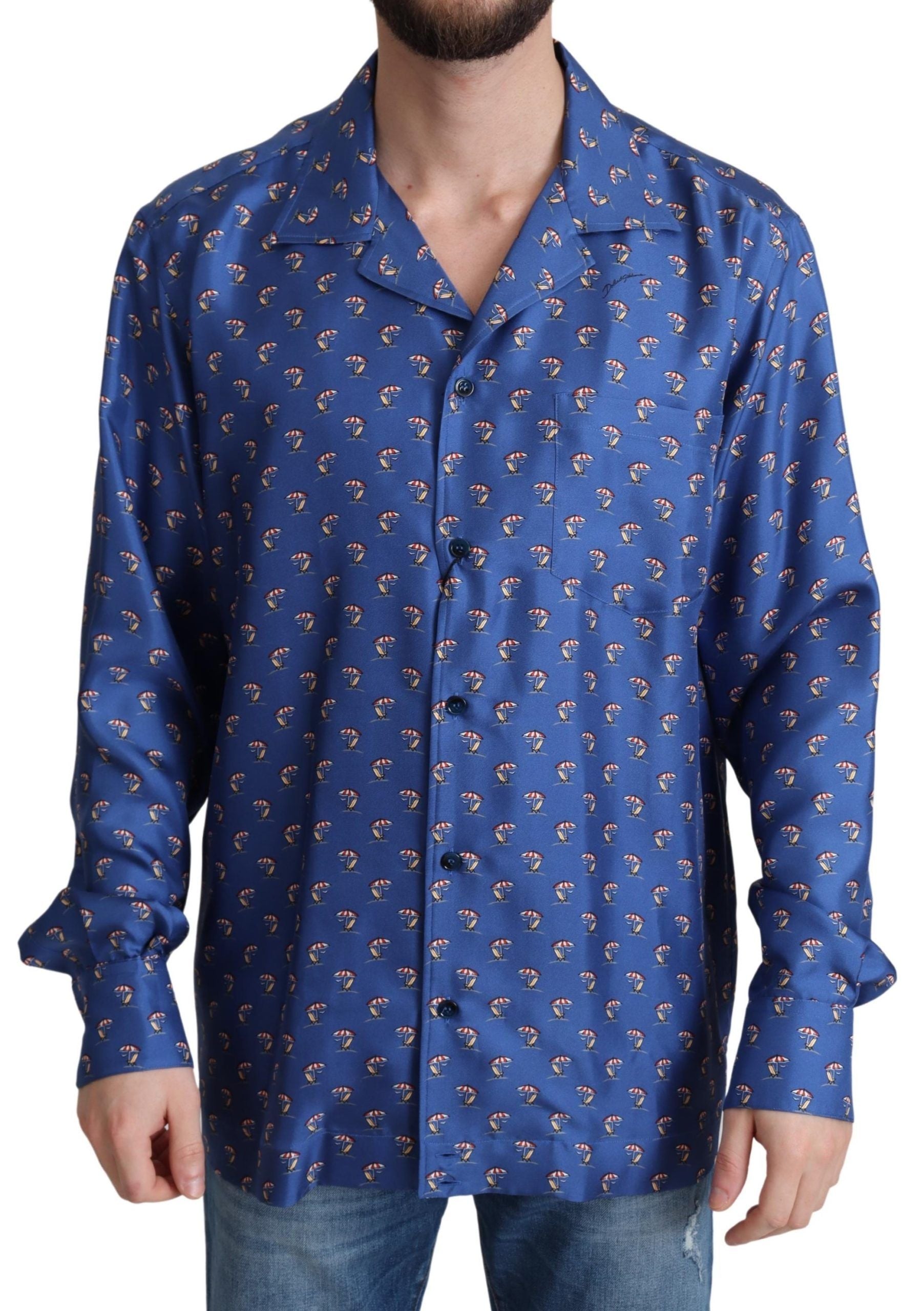 Beach Chair Umbrella Print Silk Shirt — Blue
