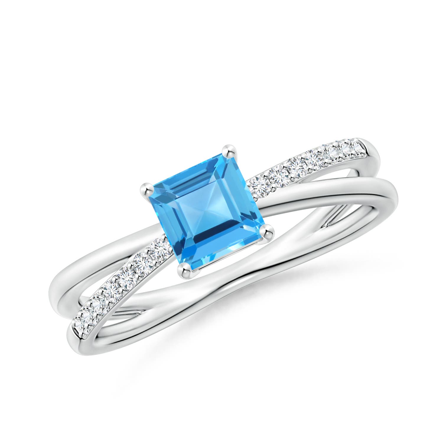 Angara 0.75 Carat Square Swiss Blue Topaz Crossover Shank Ring with Diamonds in Platinum