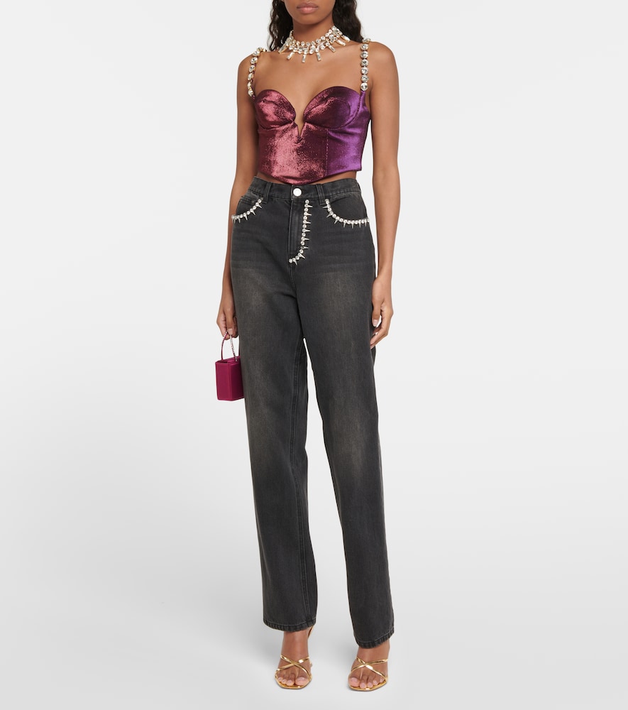 Area Embellished cotton-blend cropped top