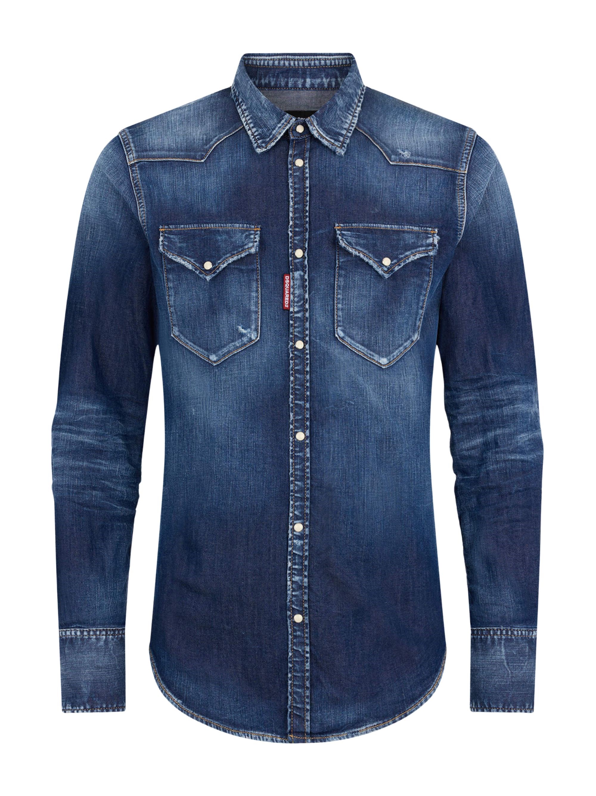 Blue Long-sleeved Shirt With Classic Collar And Two Front Pockets In Denim Man