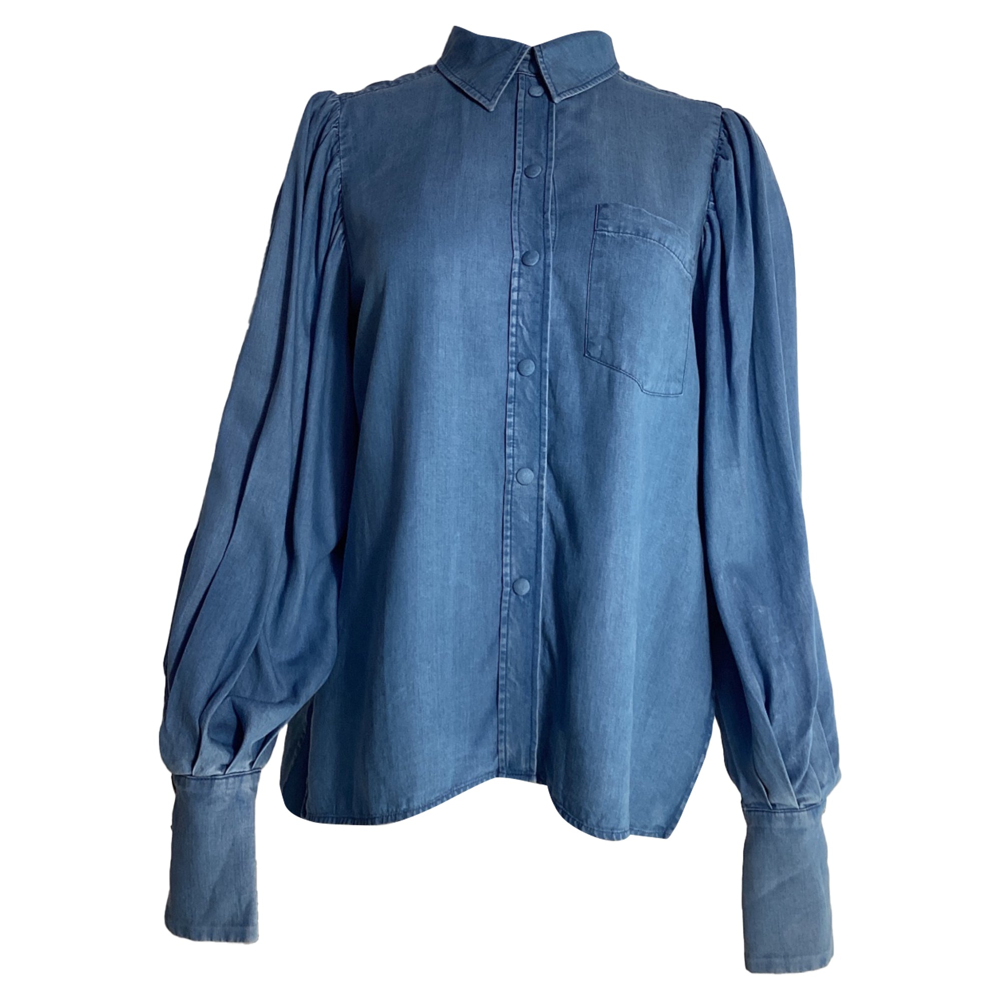 Buttoned Bishop Sleeve Shirt in Blue Cotton