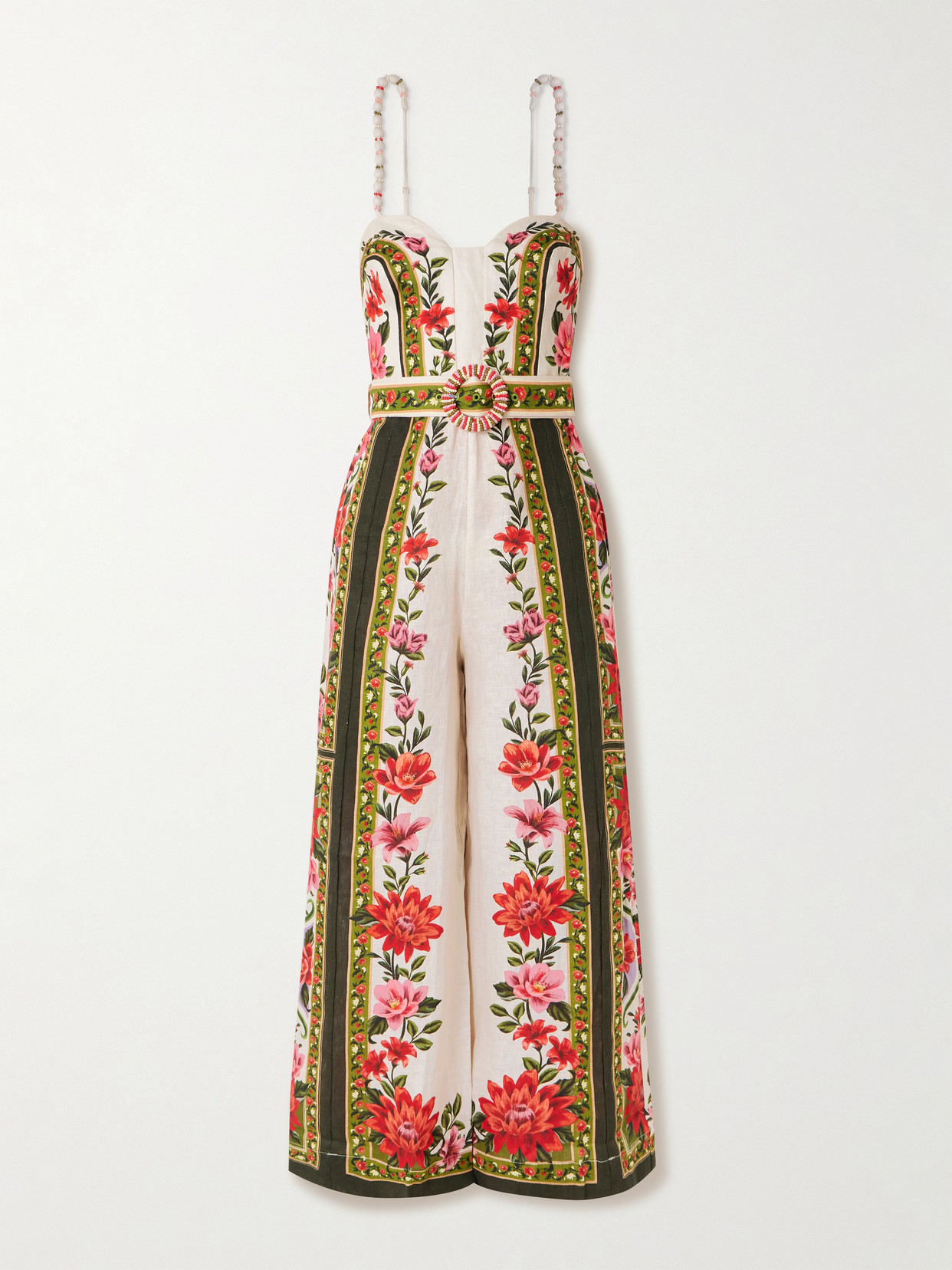 Wonder Rio Belted Embellished Printed Linen Jumpsuit - White
