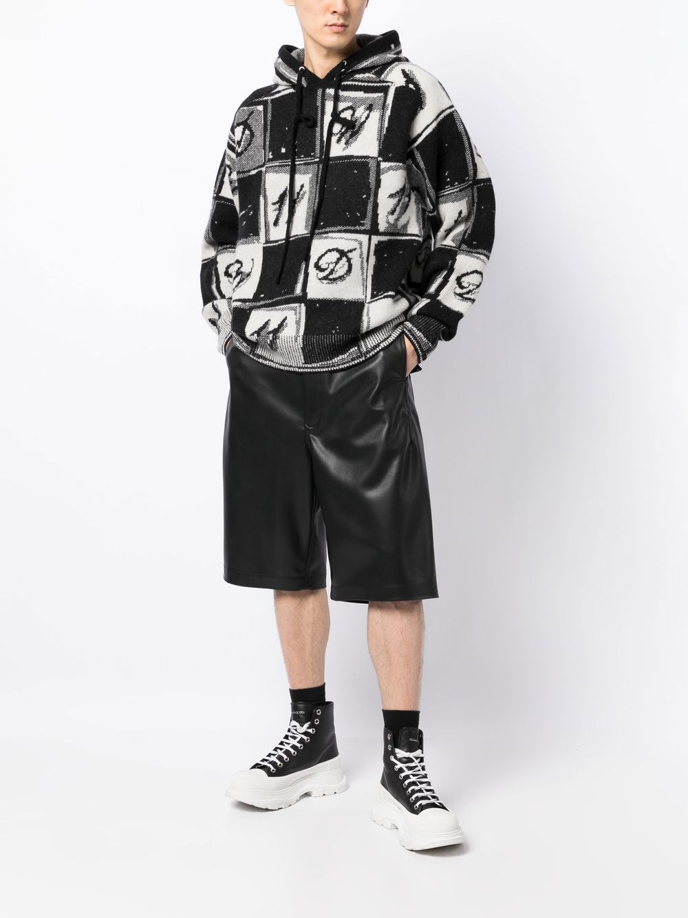 Checkered monogram knitted hoodie - White