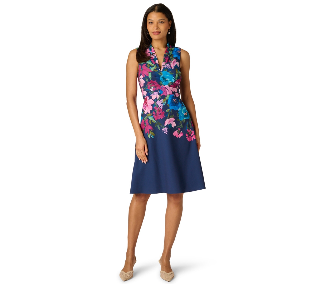 Women's Border Floral Collar Midi Dress - Navy Multi