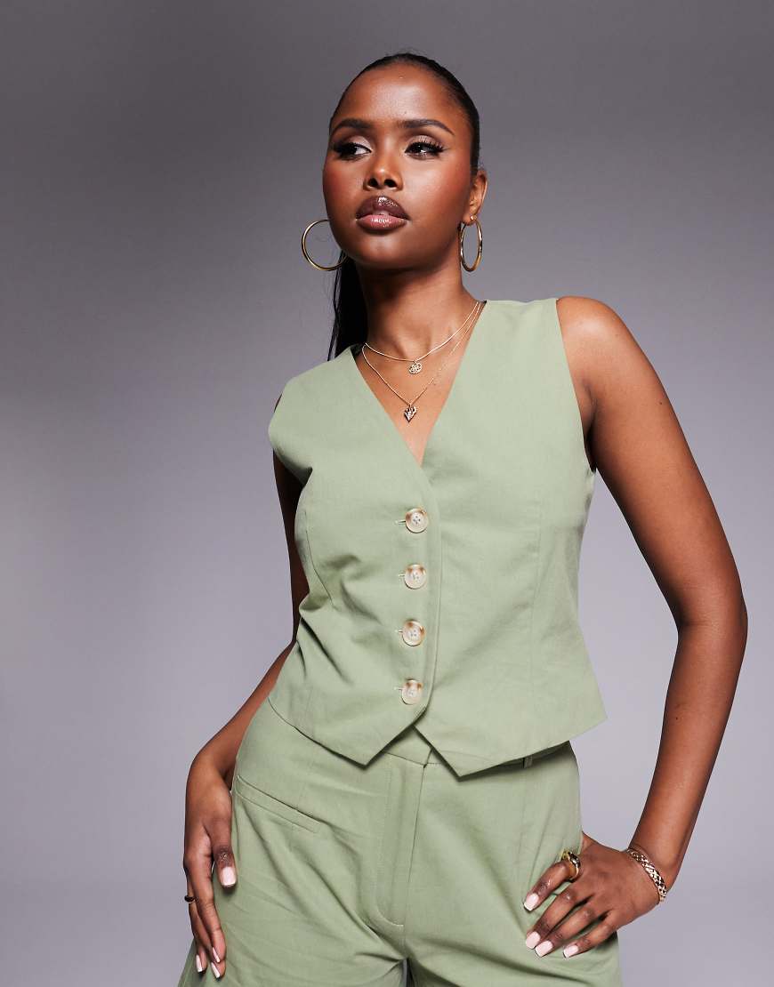 Linen look cotton waistcoat co-ord in sage-Green