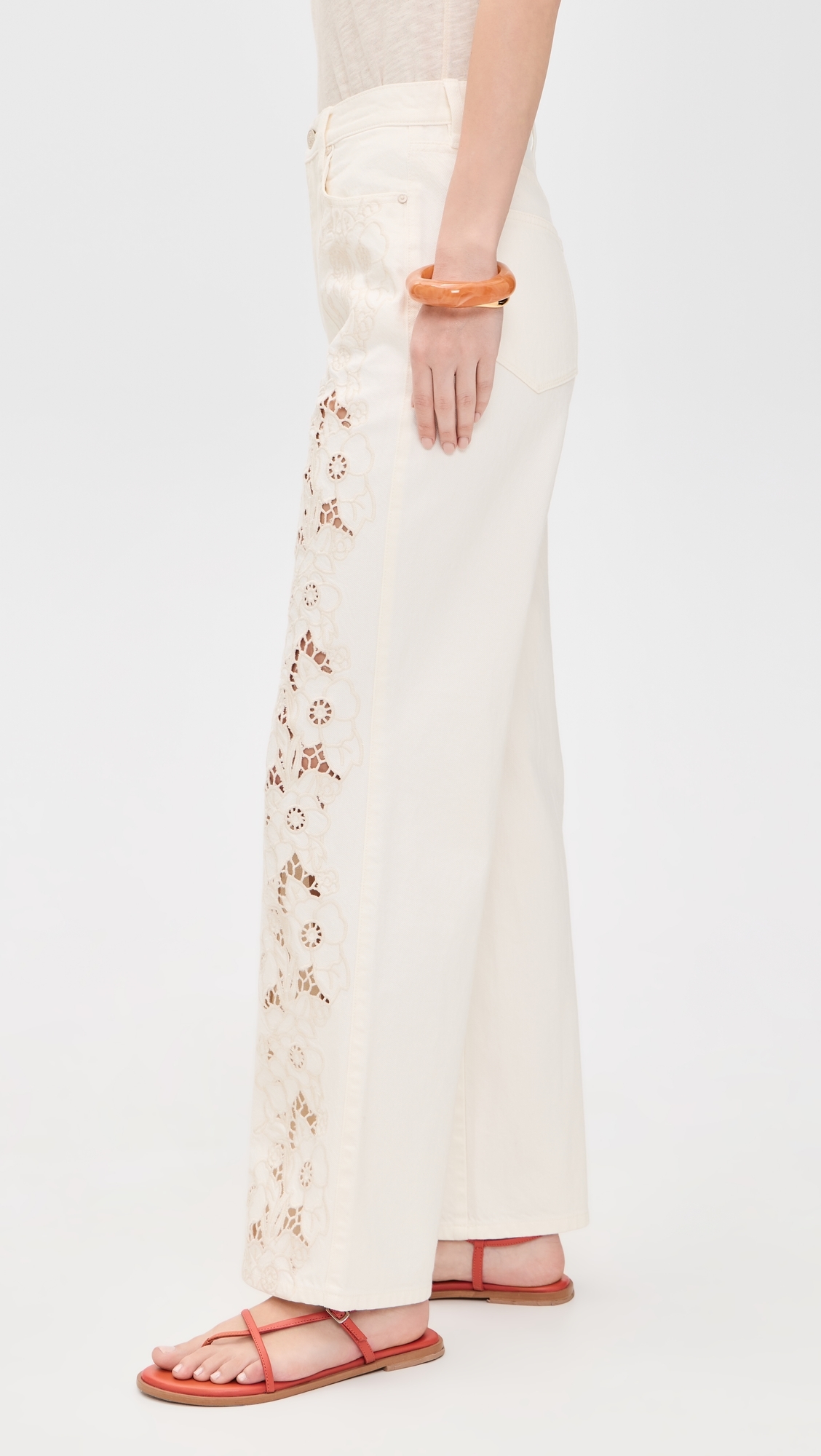 Sawyer Wide Leg Jeans Tonal Ecru Embroidered