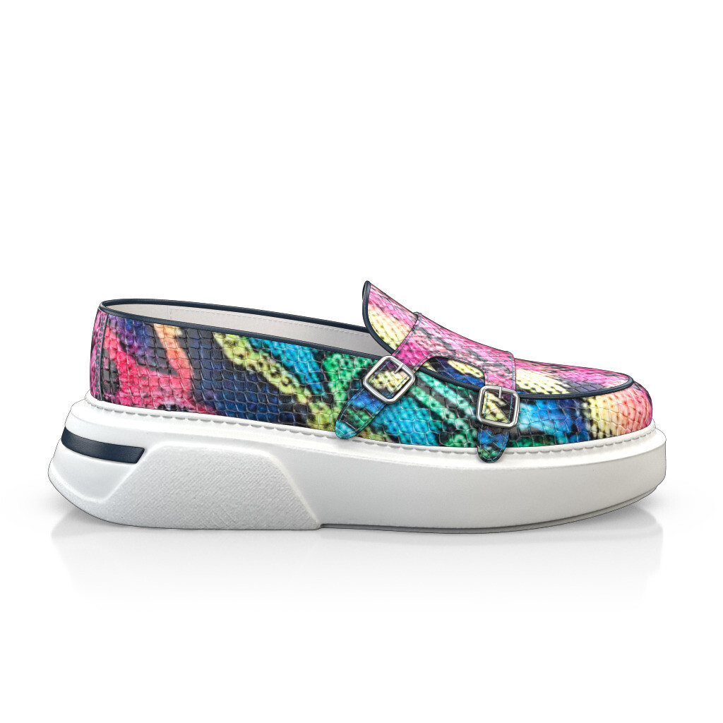 Custom Men's Sneakers Loafer Style Slip-On Double Buckle Handmade in Italy - Multicolor Animal Prints Leather - Buckles, Buckle - GIROTTI