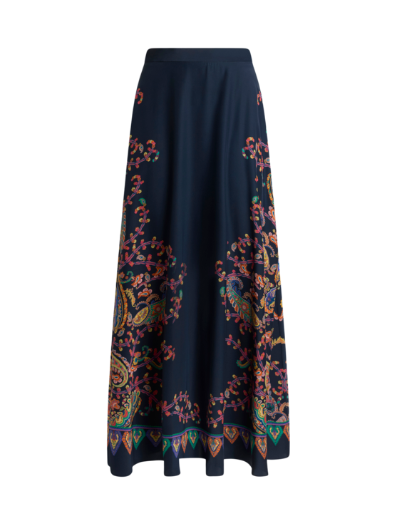 Silk Maxi Skirt With Placed Floral Paisley Print