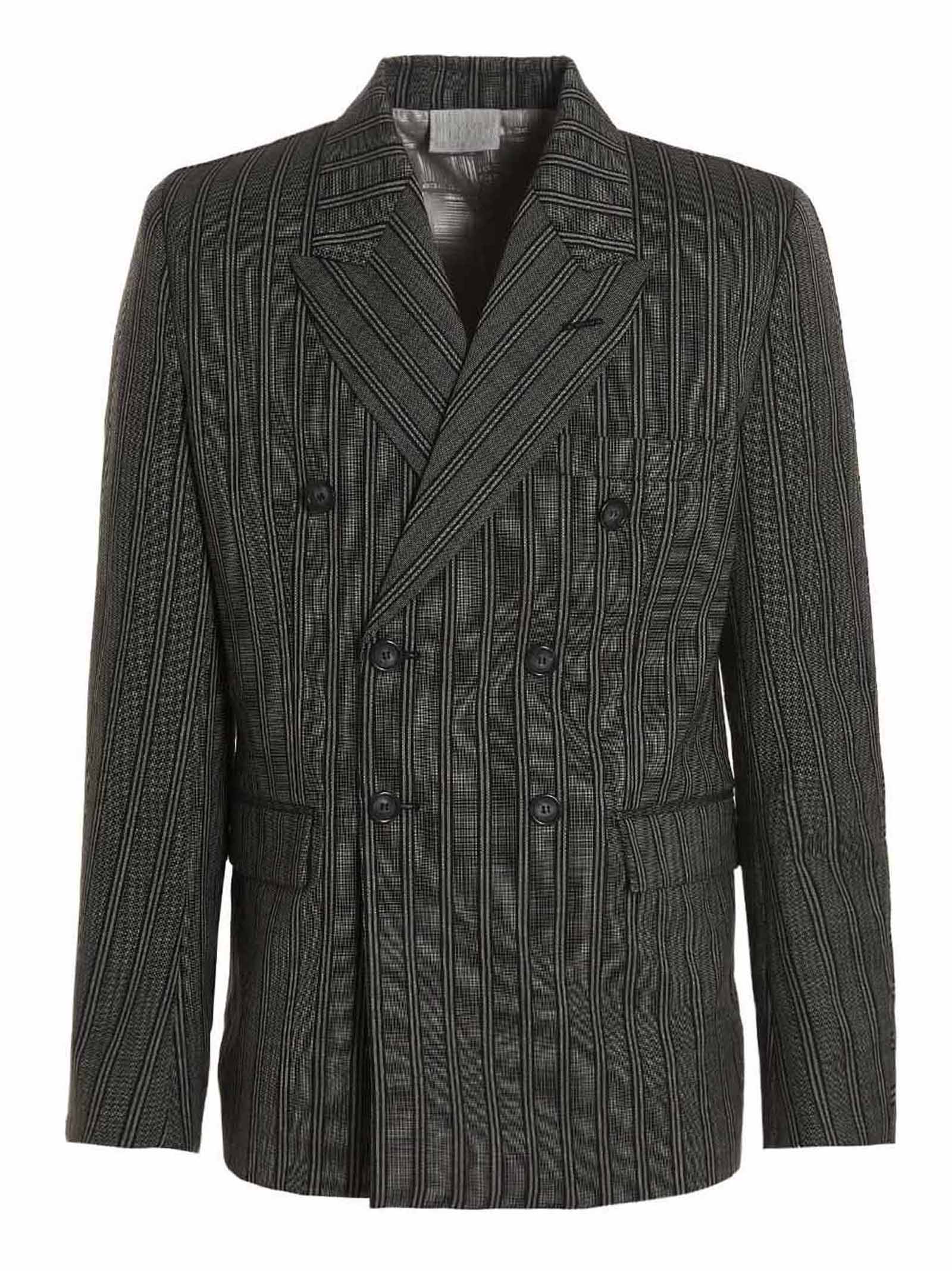 Virgin Wool Double-Breasted Pinstriped Blazer — Black