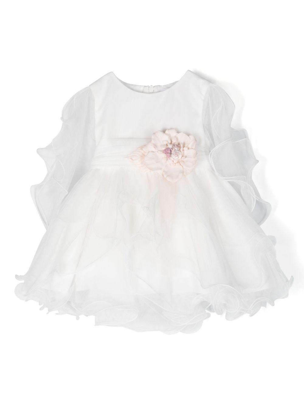 Floral-appliqué ruffled tiered dress - White