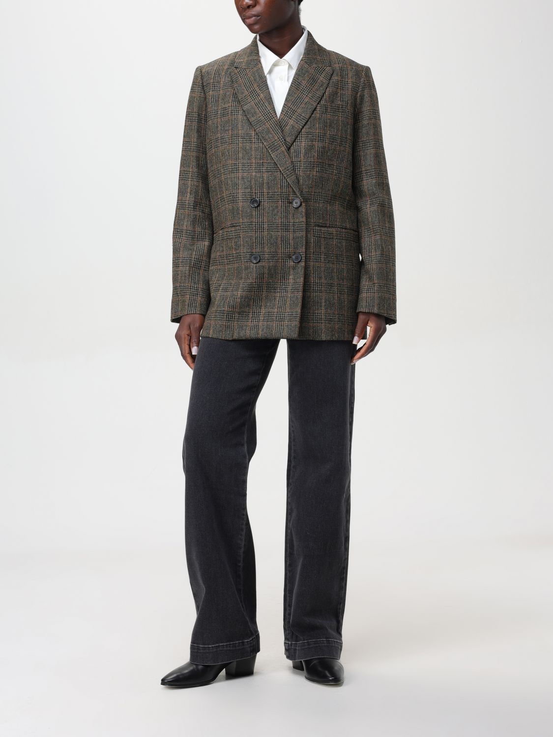 Checked wool double-breasted blazer - Brown