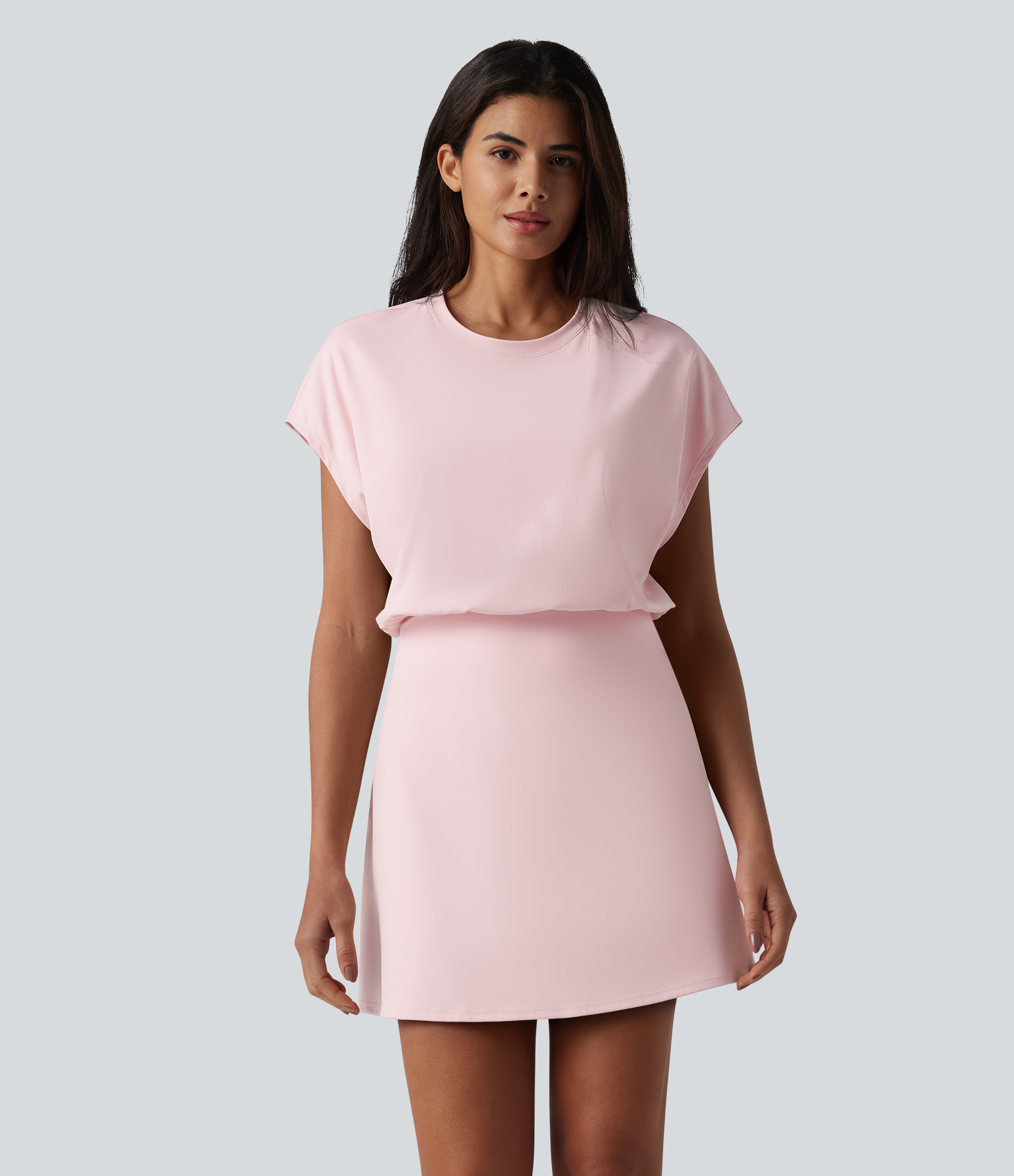 SoftlyZero™ Airy Round Neck Short Sleeve 2-in-1 Cool Touch Mini Yoga Active Dress with Pockets-Easy Peezy Edition Workout Dress - Primrose Pink