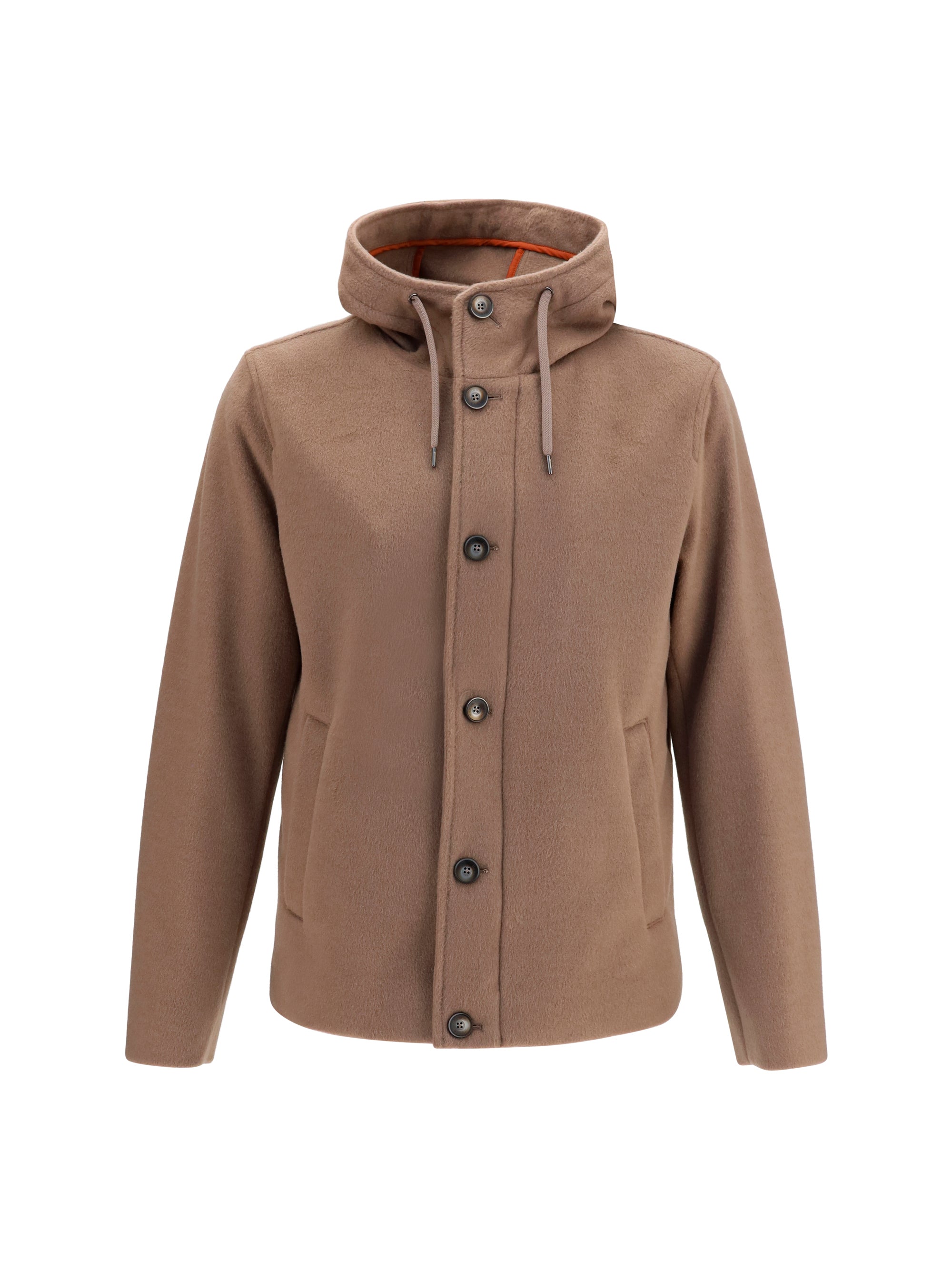 Hooded Button-Front Jacket — Brown
