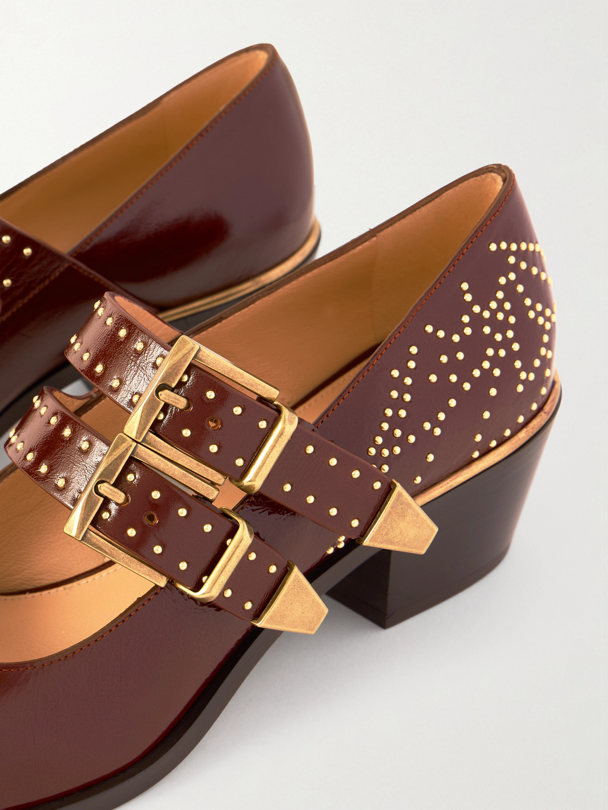 Susanna Studded Leather Mary Jane Pumps - Brown