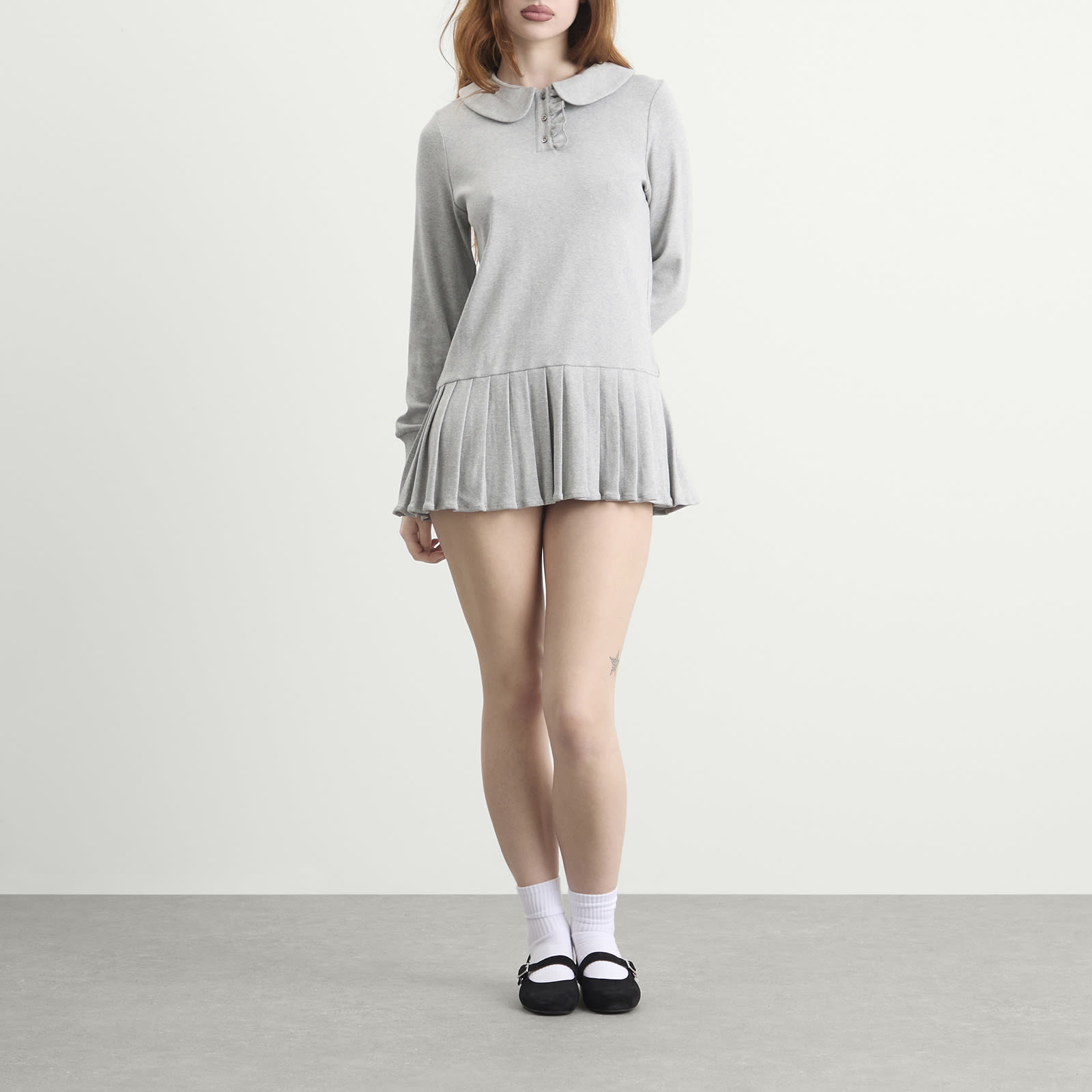 Women's Polo Mini Long Sleeve Pleat Dress in Grey