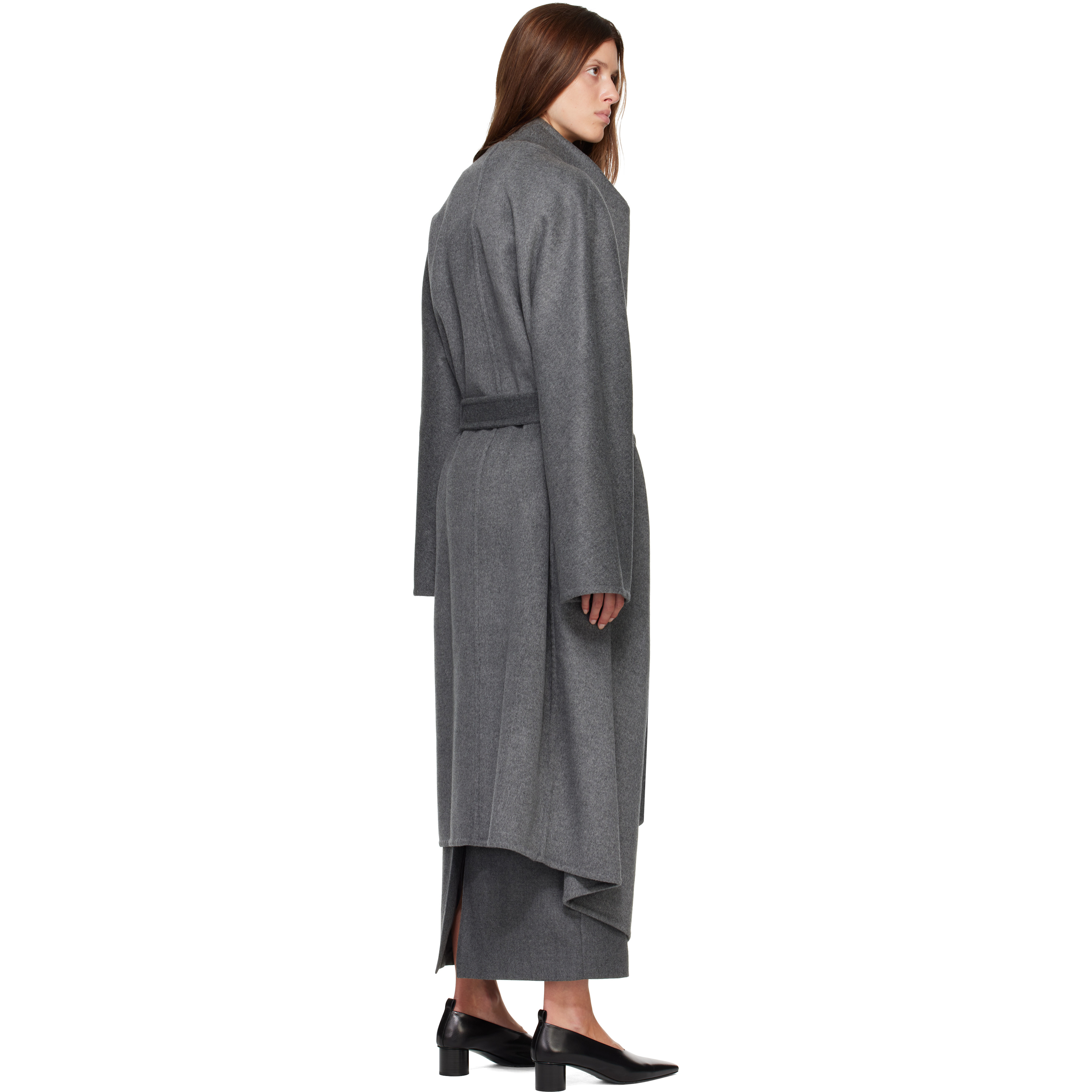 Gray Porin Draped Button Wool Cash Coat