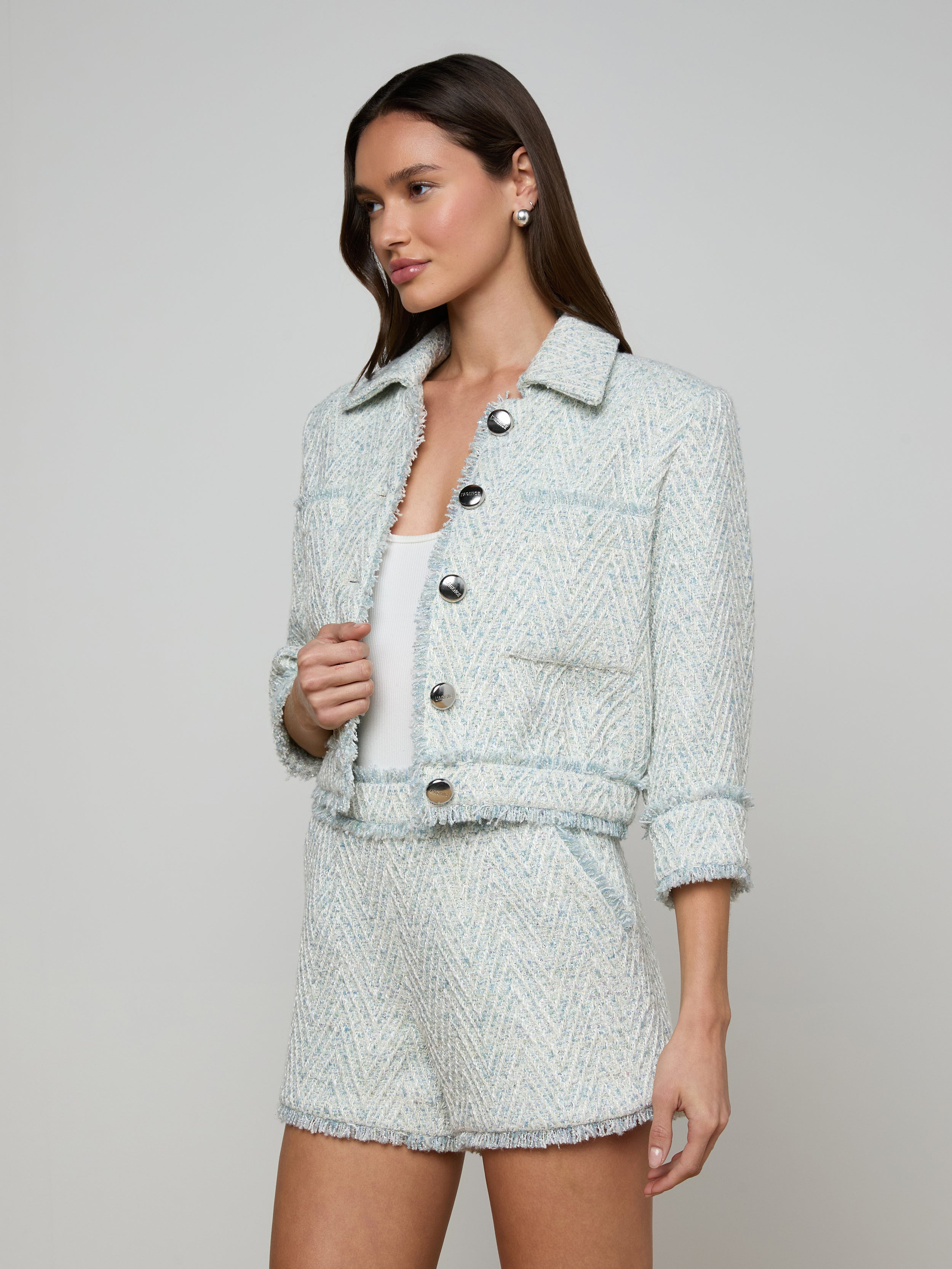 Jia Fringed Tweed Jacket In Light Blue/ivory Chevron