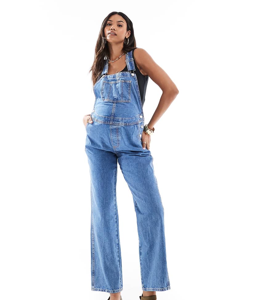 ASOS DESIGN Maternity denim overalls in mid blue