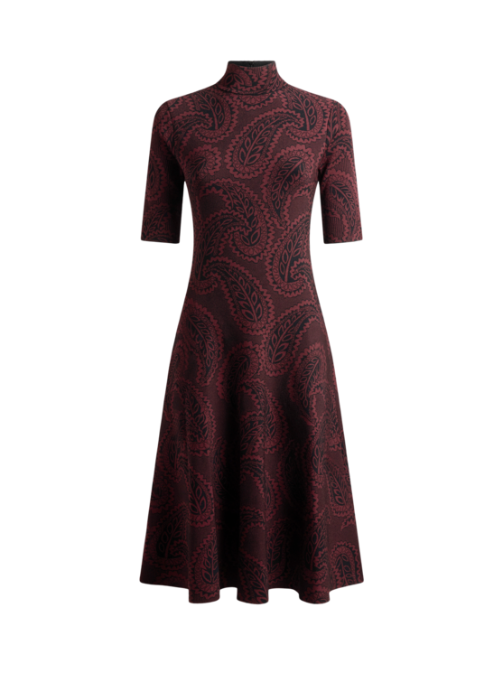 Jacquard Midi Dress With Paisley Foliage Motif