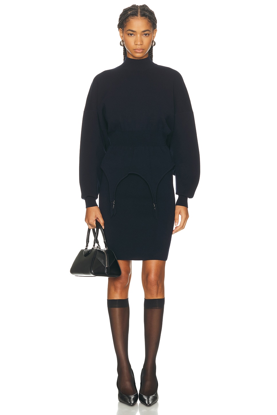 Jean Paul Gaultier Ribbed High Neck Bat Sleeves Lingerie Garter Short Dress in Navy