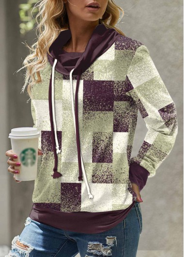 Modlily Sage Green Patchwork Geometric Print Long Sleeve Sweatshirt