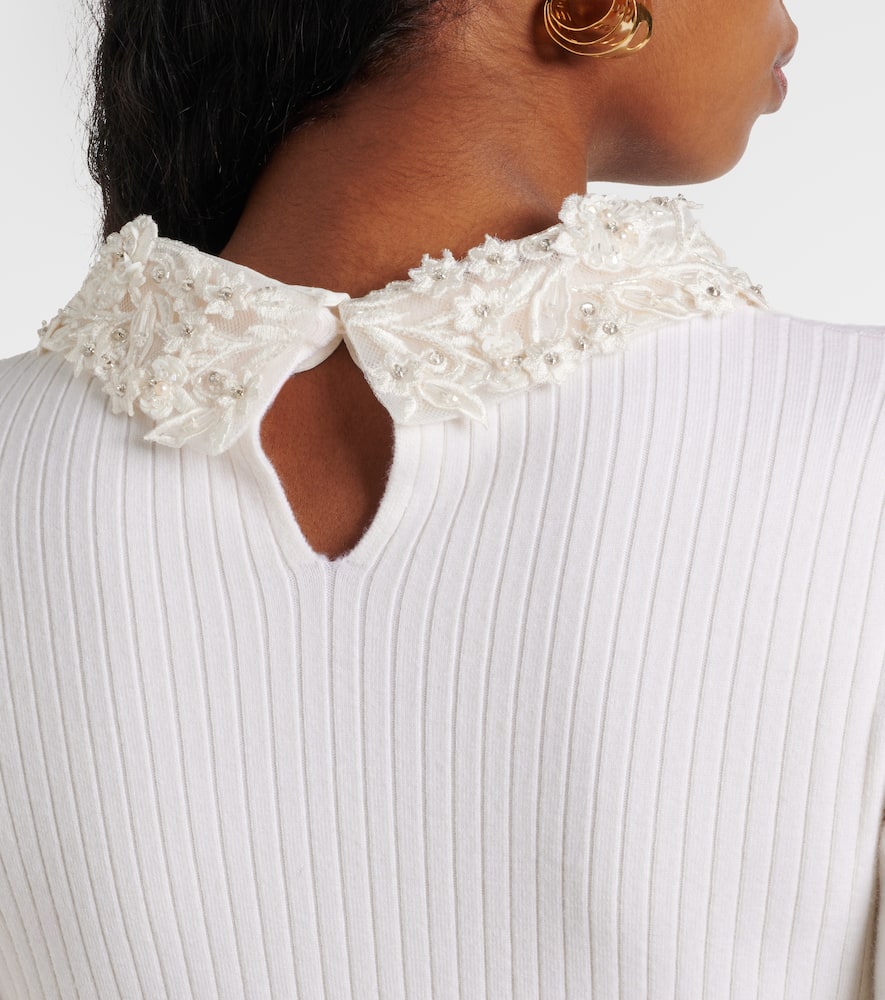 Embellished ribbed-knit wool top