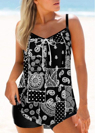 Modlily Bowknot Tribal Print Black Tankini Top