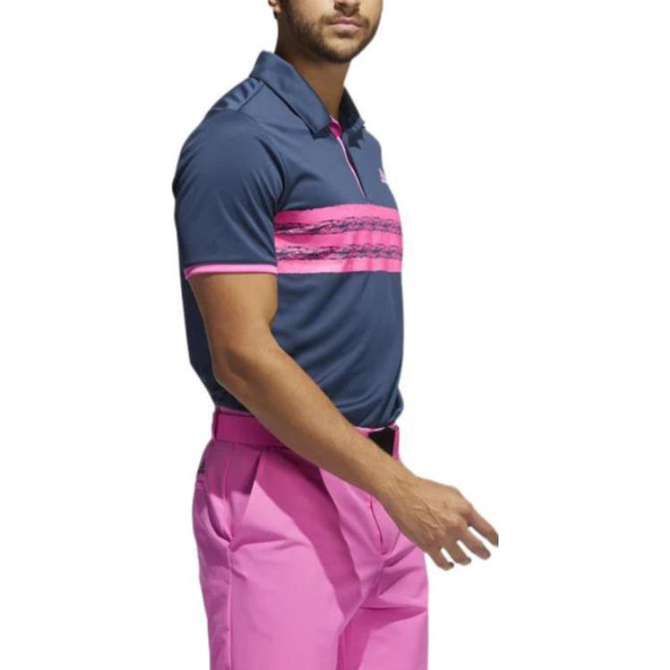 Men's Stripe Printing Golf Sports Short Sleeve Navy Blue Polo Shirt
