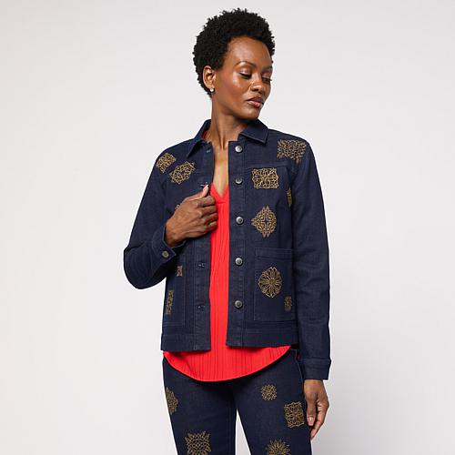 Stretch Medallion Embroidered Utility Jacket - Blue