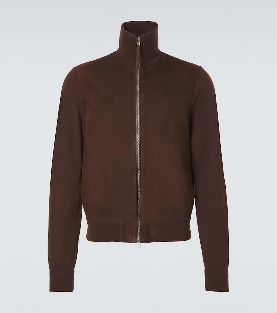 Suede-paneled wool-blend zip-up sweater