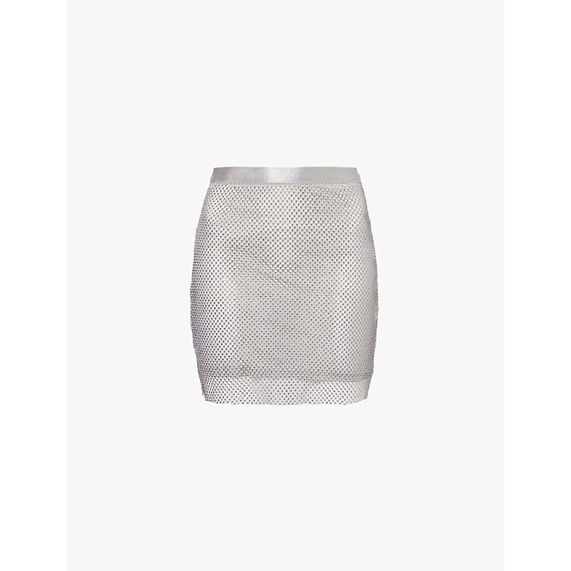 Womens Grey Net Rhinestone-embellishment Woven Mini Skirt 