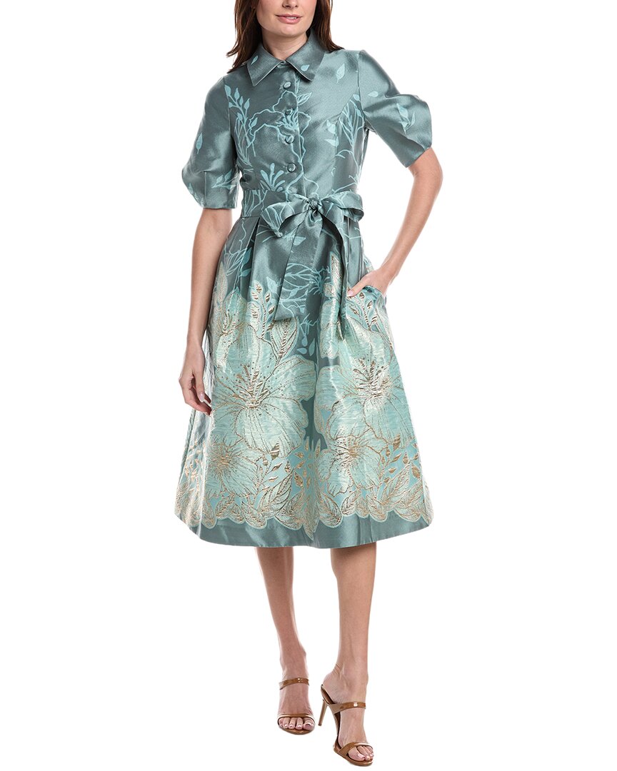 Metallic Jacquard Flower Border Print Puff Sleeve  Dress
