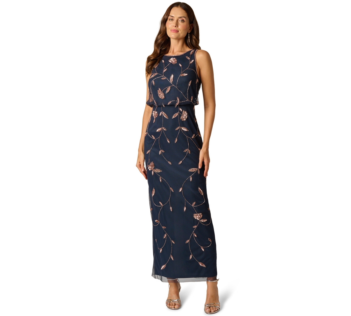 Women's Crew Neck Blouson Long Dress - Navy rose gold
