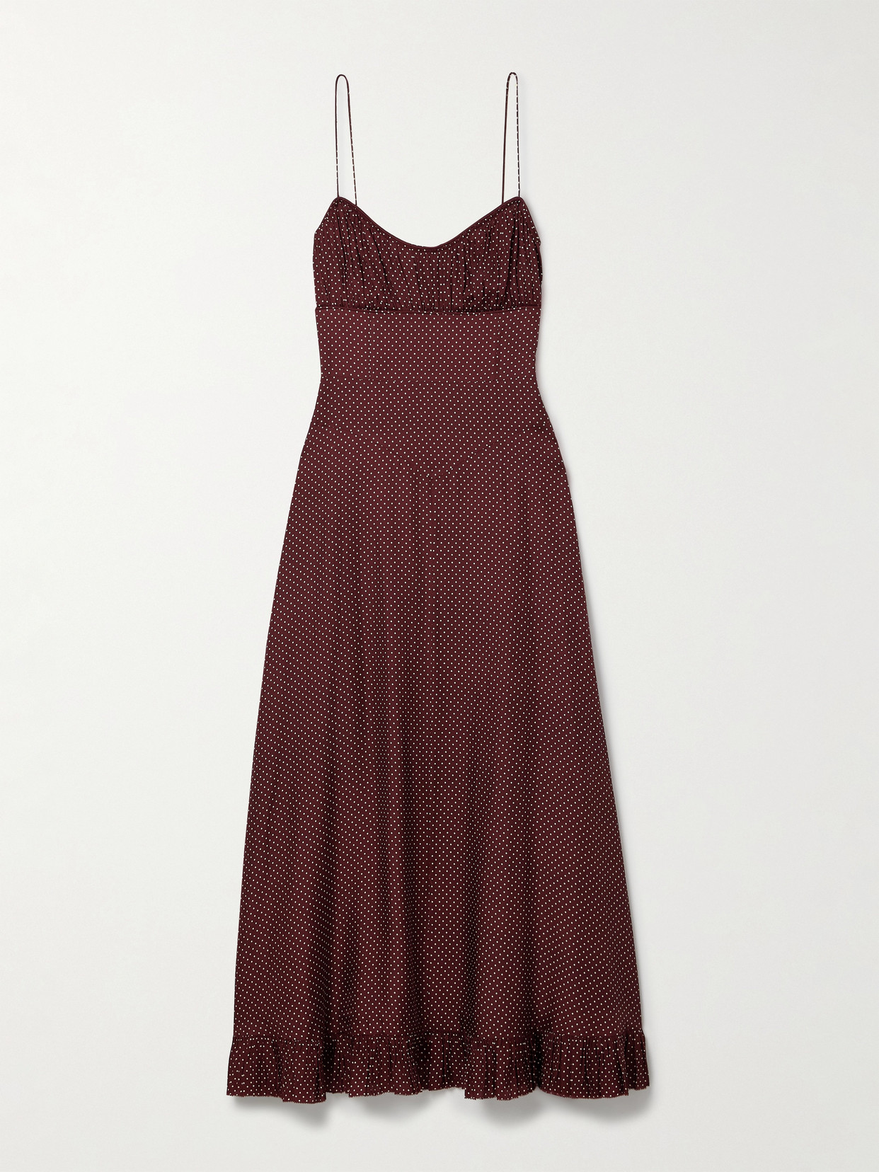 Rosaria Gathered Polka-dot Silk-blend Midi Dress - Burgundy