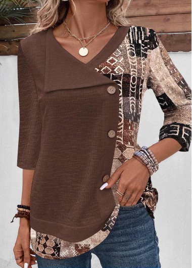 Modlily Light Coffee Patchwork Geometric Print T Shirt
