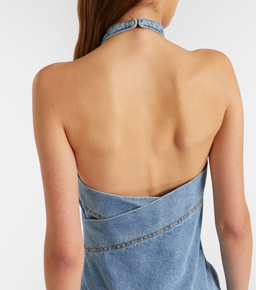 Floral-appliqué denim minidress