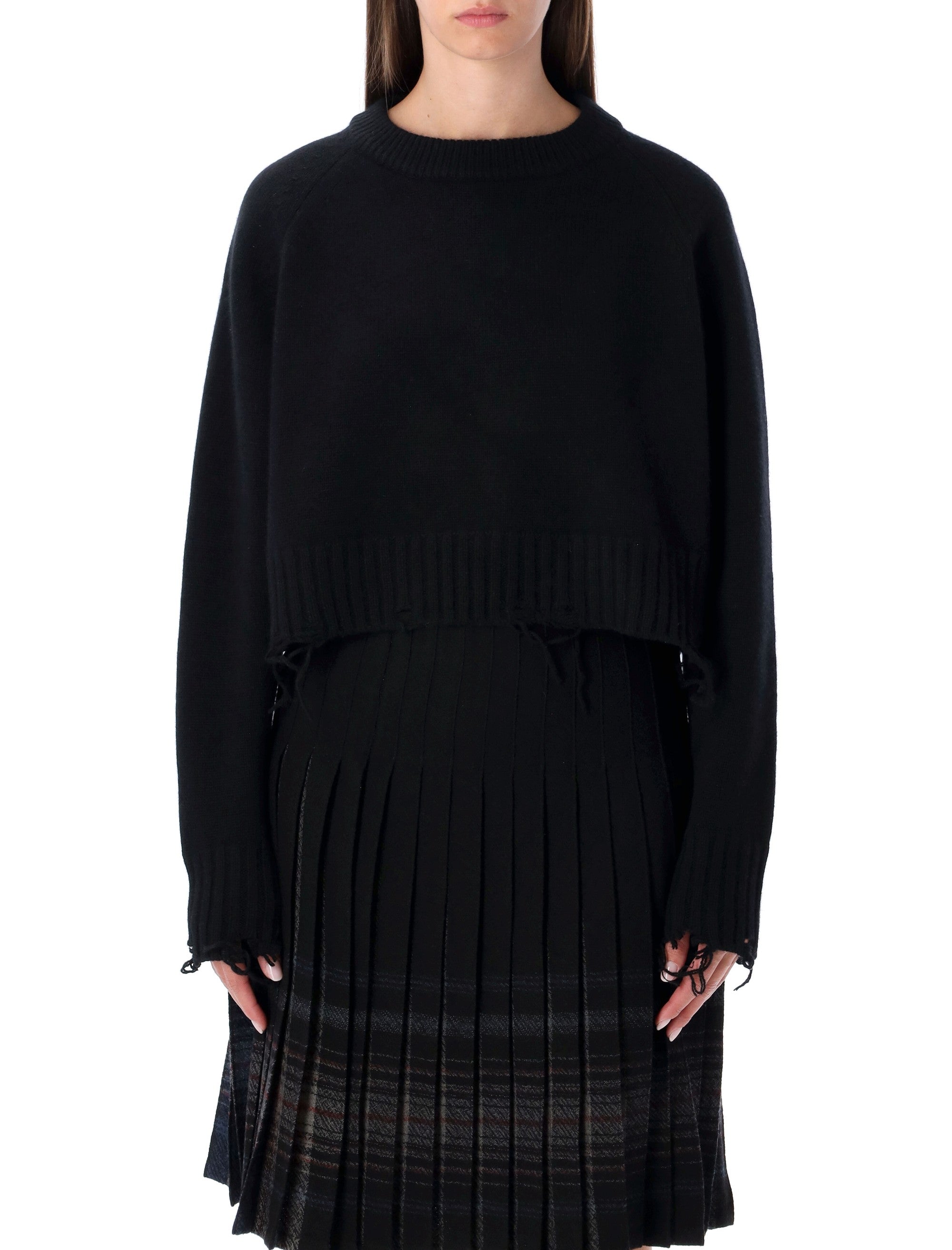Mini Damaged Pullover Sweater with Raglan Sleeves and Distressed Hem