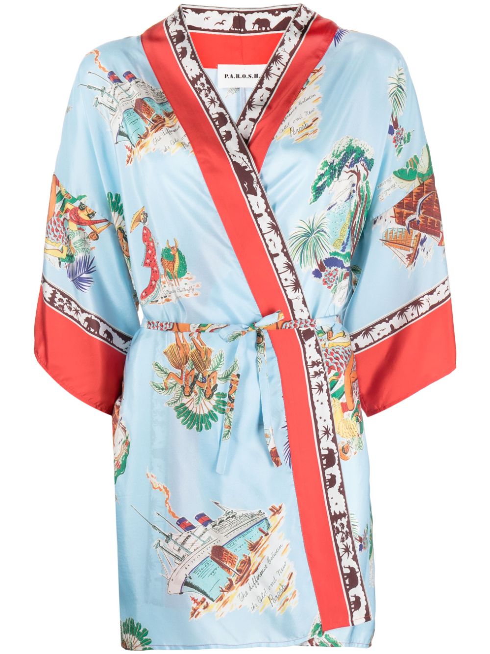 Graphic-print silk poncho - Blue